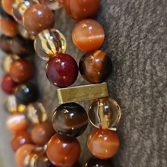 Vintage Earth Tone Glass Cat's Eye Beaded Two Strand Stretch Bracelet - Picture 5 of 6